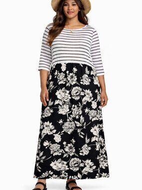 Emerald Black White Striped Floral Print 3/4 Sleeve Maxi Dress Womens 3X NEW
